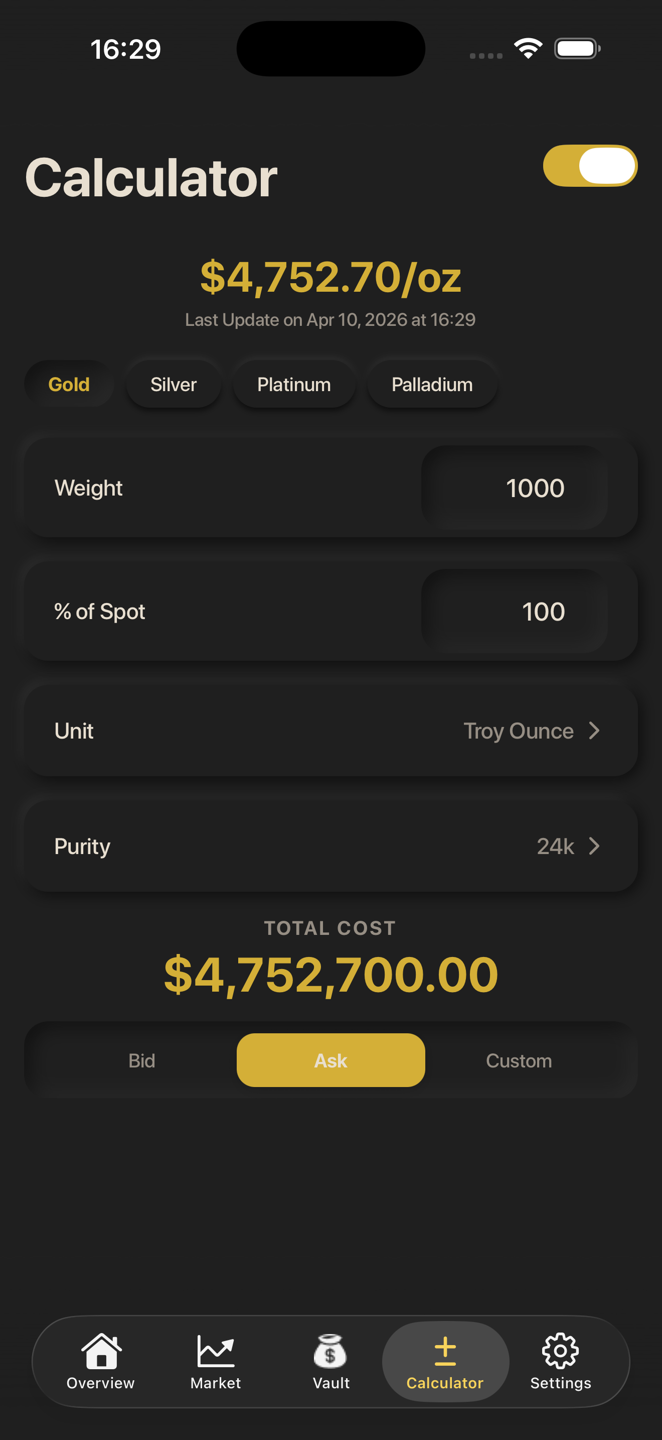 My Gold app — Value Calculator